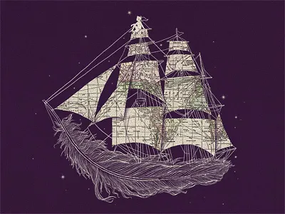 Wherever The Wind Blows art cute feather fun humor illustration ilovedoodle lim heng swee map poster print ship sky smile stars travel