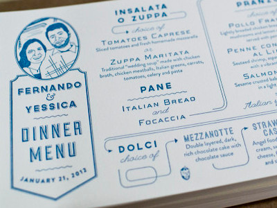 Wedding menu blue letterpress menu wedding