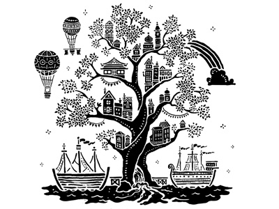 Bright as Crystal balloon city future glory heaven house illustration new jerusalem party rainbow revelation river ship tree treehouse