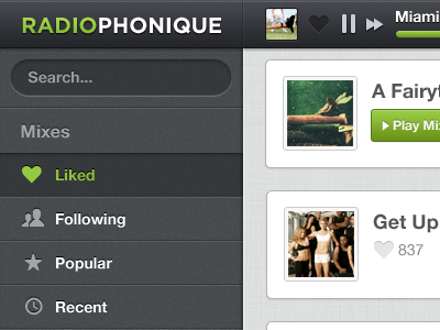 Radiophonique app dark design green menu music nav play player white