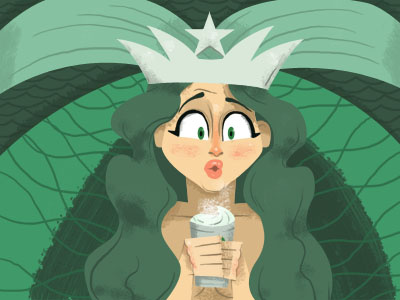 Starbuck cafe cartoon coffee crown cute digital drawing fish gay girl green hair illustration joe lady latte logo mermaid ocean paterno pretty scales sea siren star starbucks tail water waves woman