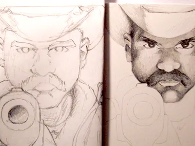 Mexican Gunman with a Moustache hand drawn sketches