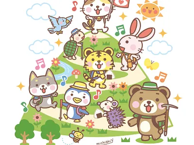 Animals and the Hiking​​​​​​​ animal bear bird cat cute dog hedgehog hiking illustration illustrator kawaii penguin pop rabbit tiger