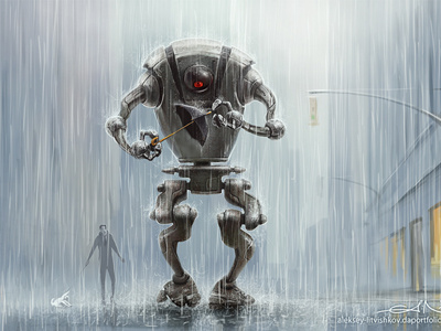 In the rain aleksey litvishkov art illustration rain robot umbrella