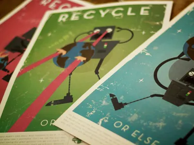 Robot vs The World earth illustration poster recycle retro robot texture vintage