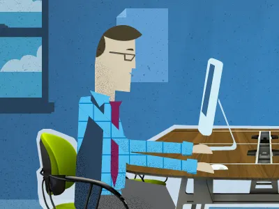 Desk Job 1 cubicle free since 83 desk illustration man suit tie