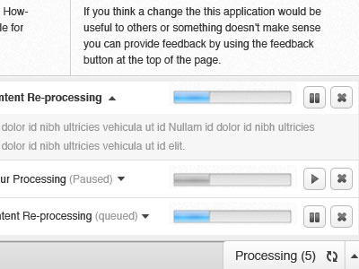 Processing Tab cancel dropdown pause process progress ui
