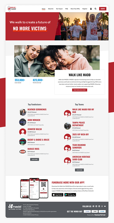 Walk Like MADD (Mothers Against Drunk Driving) awareness bold charity donate drink drive fundraising homepage mom mother non profit red site stat underline website