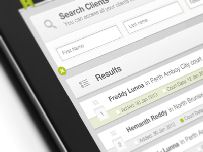 Results application grey interface ipad lime ui ux yellow