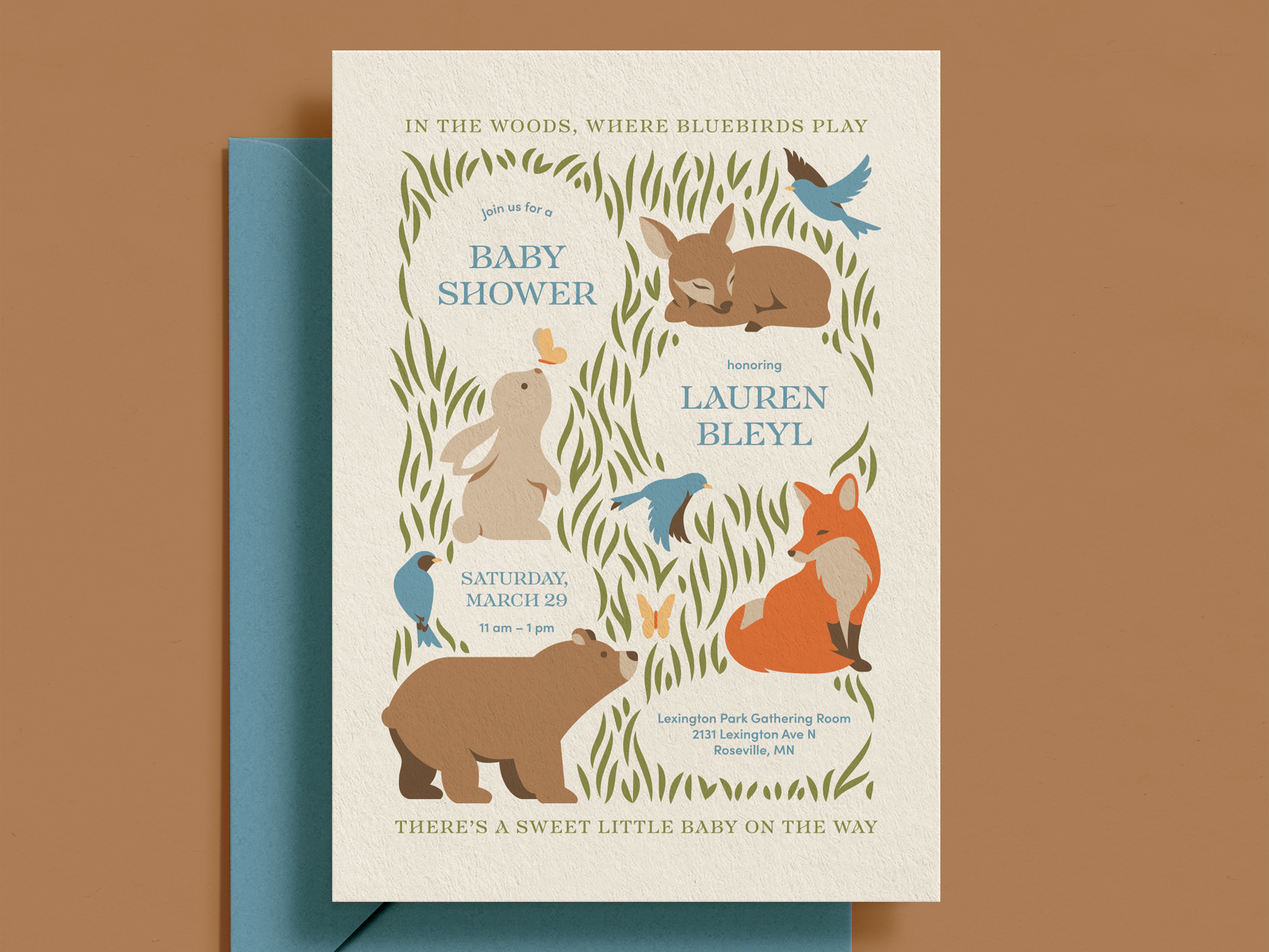 Baby Shower Invitation baby bear bird bunny deer design flat fox illustration illustrator invitation invite pattern print shower vector wood woodland woods