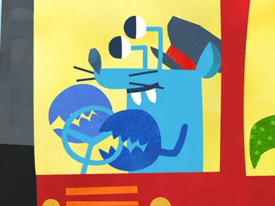 Bus Driver blue bus city collage monster red yellow