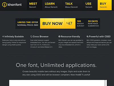 iKhanFont in Action animated black button buy now dark grey layout ui website yellow