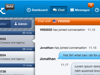 Dashboard chat dashboard interface list messages ui visitor monitor