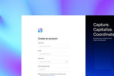 Signup Form: captureapp.xyz form form design login login ui minimal form product design saas form saas product signup form signup ui ui uidesign user interface ux uxdesign visual design