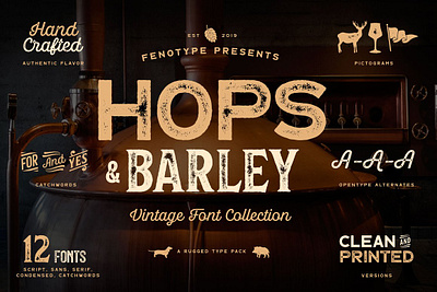 Hops And Barley font Collection 1900s beer coffee collection engraving eroded hipster hops and barley font collection packaging rough sans serif serif swash texture toolkit vintage woodprint