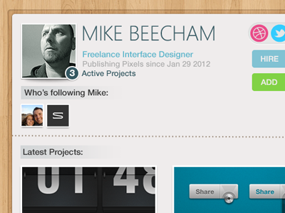 Portfolio UI add designer dribbble facebook freelance interface media portfolio share social twitter ui vector white wood