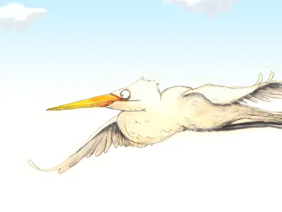Heron blue clouds crane grey illustration orange pencil sketch white yellow