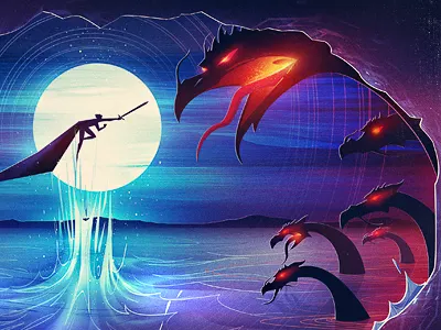 Yamata no Orochi creature fight mob moon neon sea yamata no orochi