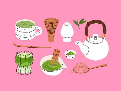 Matcha tea ceremony cartoon ceremony concept cute design flat girly green illustration japanese matcha pink powder tea traditional vector