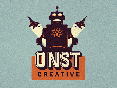 Robot logo suggestion for ONST. airplane airplanes branding coffee pot fighter jet fighter jets growcase identity jet jets logo logo design logo designer logotype michael spitz onramp onst onst creative plane planes re branding robot robots