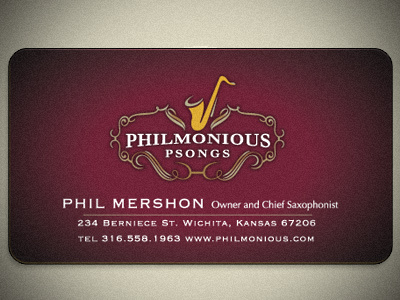 Philmonious business card logo saxaphone