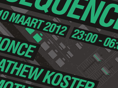 SEQUENCE Poster WIP Extra sneak peek buttons capsz dark dials drumpad electronics faders gig green illustration party peek poster sequence simplistic sneak sneak peek vector wip