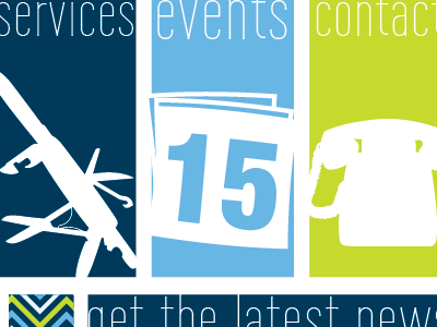 Event Planner Website blue bright icons lime navy zig zag
