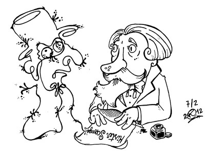 Charles Dickens & Mister Scrooge bw cartoon character dickens drawing illustration