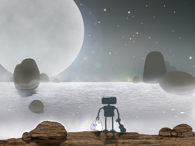Work in progress - Lonely Robot + Ukulele alien world carrier bag ocean reflection robot rocks sci fi sea space stars ukulele universe water