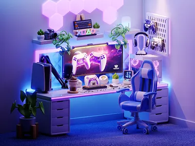 3D Gaming Setup Room Isometric 3d 3d isometric blender controller cycles game setup gaming room gaming setup illustration setup desk stylized