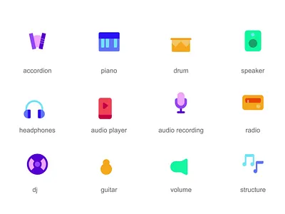 Music 2d Icons Set Animation 2d accordion animation audio player audio recording dj drum flat guitar headphones icons illustration motion music musical instruments piano radio speaker structure volume