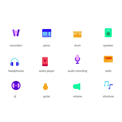 Music 2d Icons Set Animation 2d accordion animation audio player audio recording dj drum flat guitar headphones icons illustration motion music musical instruments piano radio speaker structure volume