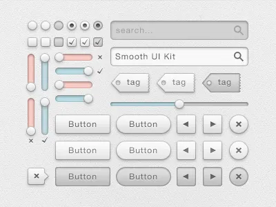 Smooth UI Kit (Updated with PSD download) button buttons cancel checkbox clean cross free gui kit next off on photoshop previous psd radio resource search box search button slider smooth switch tag tags tick tooltip ui user interface ux vector
