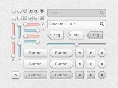 Smooth UI Kit (Updated with PSD download) button buttons cancel checkbox clean cross free gui kit next off on photoshop previous psd radio resource search box search button slider smooth switch tag tags tick tooltip ui user interface ux vector