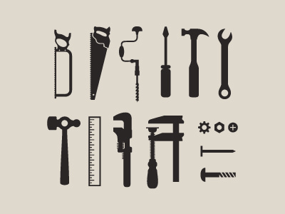 set of tool icons bolt drill focus lab hammer nail ruler saw screw screwdriver tools wrench