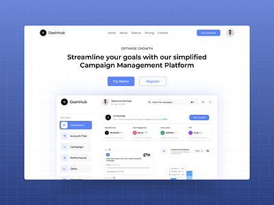 Campaign Dashboard Landing page. campaign dashboard dashboard minimal notification performance product design search user experience