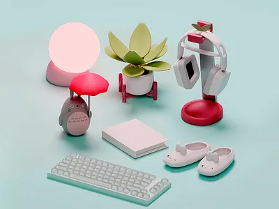 3D futuristic desk set 🌟 3d 3d book 3d claviature 3d desk set 3d modeling 3d set 3d toy abstract accessories creative design desk set digital digital art flower headphones illustration light modern vibrant colors