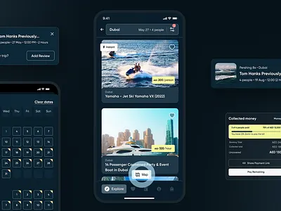 Dark Themed Mobile Yacht Booking App animation figma illustration motion graphics product design ui ux animation