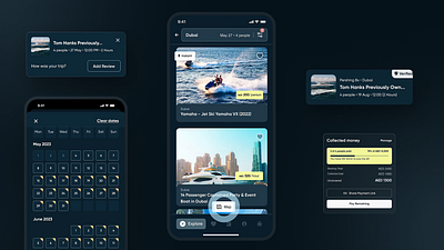 Dark Themed Mobile Yacht Booking App animation figma illustration motion graphics product design ui ux animation