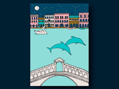 Venice Dreamscape Whimsy🌟 aesthetic bold typography bridge canoes clean design color colorful creative typography design design inspiration dolphins graphic design illustration moon night night city stars venice vibrant colors visual storytelling