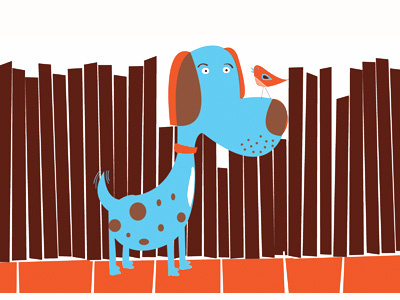 Bird Dog & Bird baby blue bird brown dog fence illustration orange puppy spots strawberryluna wings