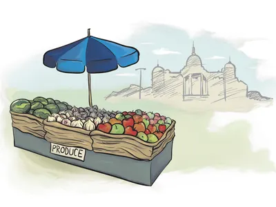 Produce Stand Illustration apples capital city des farm farmer fruits local market melon moines onion produce stand umbrella vegetables watermelon