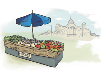 Produce Stand Illustration apples capital city des farm farmer fruits local market melon moines onion produce stand umbrella vegetables watermelon