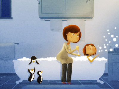 Bubble bath bath bubble bath bubbles cute daughter illustration mother penguins