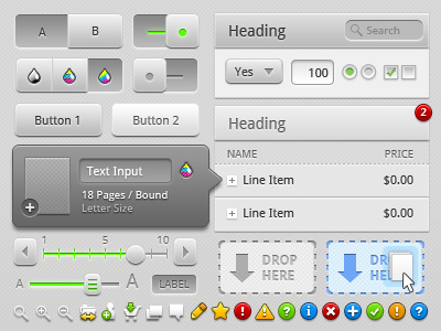 UI Kit Sample (Supple) buttons caption drop zone form elements iconography icons label list view module options photoshop search slider toggle tool tip ui vector