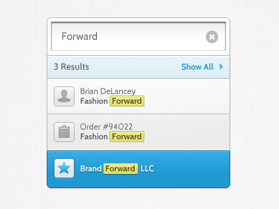 Search Results | Dropdown blue highlight icons input interface results search ui