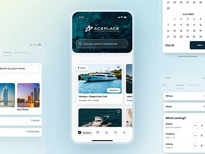 Yacht Renting App Onboarding Flow animation app calendar cards carousel excited agency figma graphic design ios app motion graphics onboarding product cards product design ui ux animation yacht