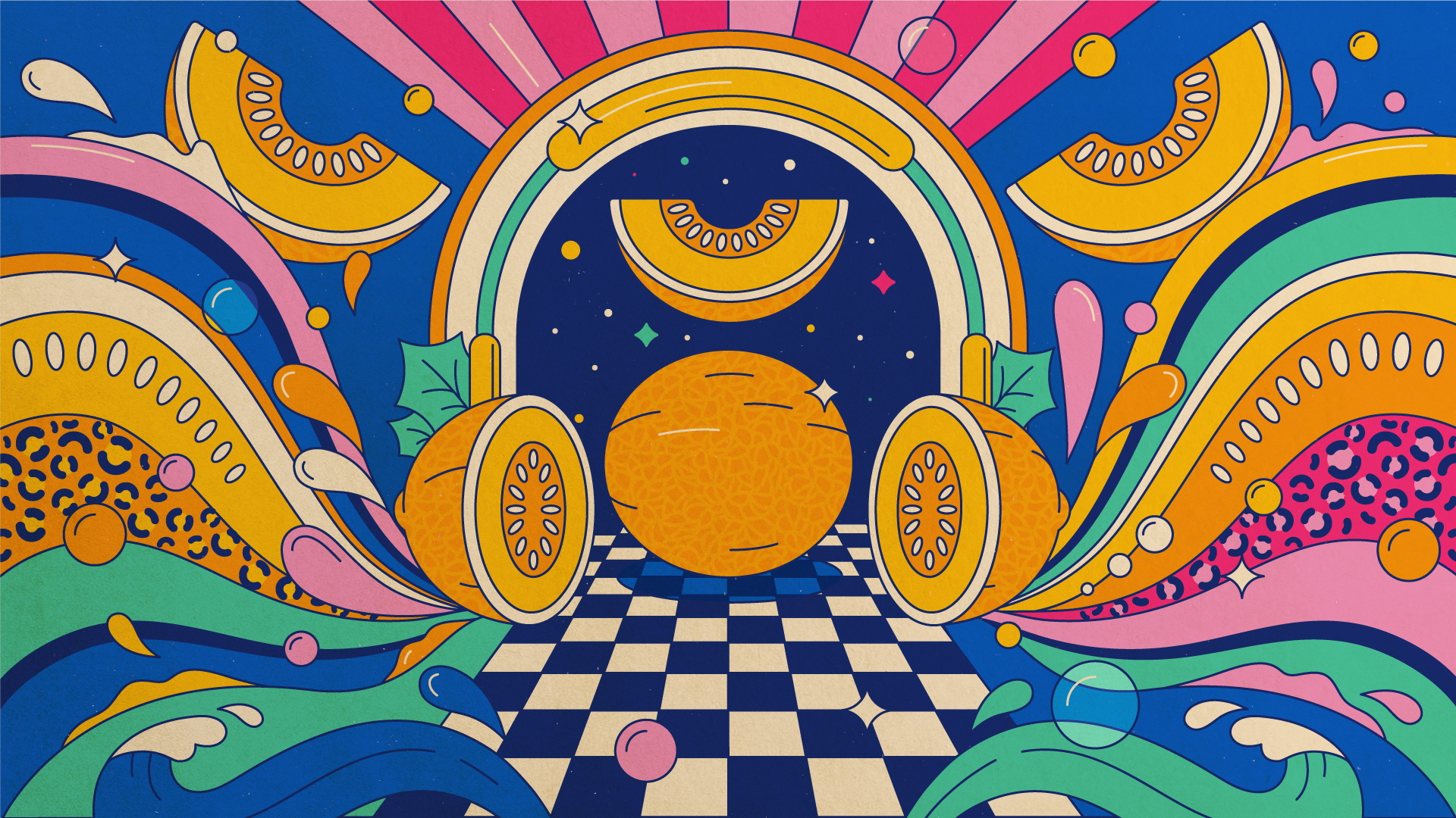 Illustrations for animation for J. Hardy animation bubbles checkerboard cheese cake clouds disco fruits headphones illustration leopard magic mandala melon motion graphics psy retro sparkles surreal vivid waves