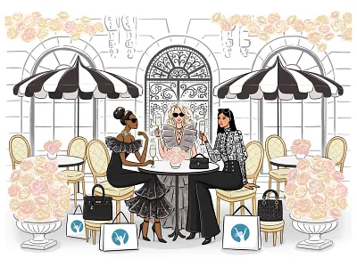 Fashion illustration in French style cafe for the invitation beauty cafe divercity drawing fashion illustration flowers france french illustration invitation laduree line drawing lineart luxury minimal premium restaurant royal wellness women