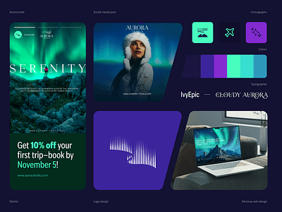 Aurora Trails branding branding design design graphic design illustration logo nordic color nordic countries nordic design nordic logo northern lights northern lights adventures travel travel agency travel design typography ui ux webdesign website